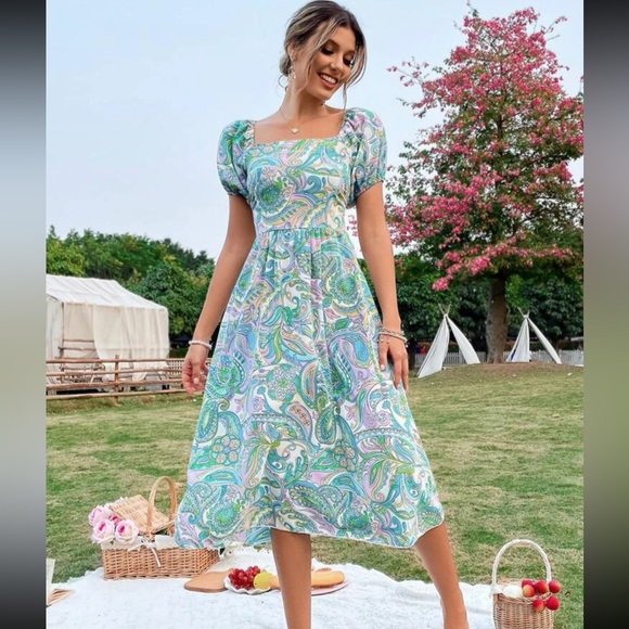 SHEIN Paisley Print Puff Sleeve Tied Back Dress - Picture 4 of 5